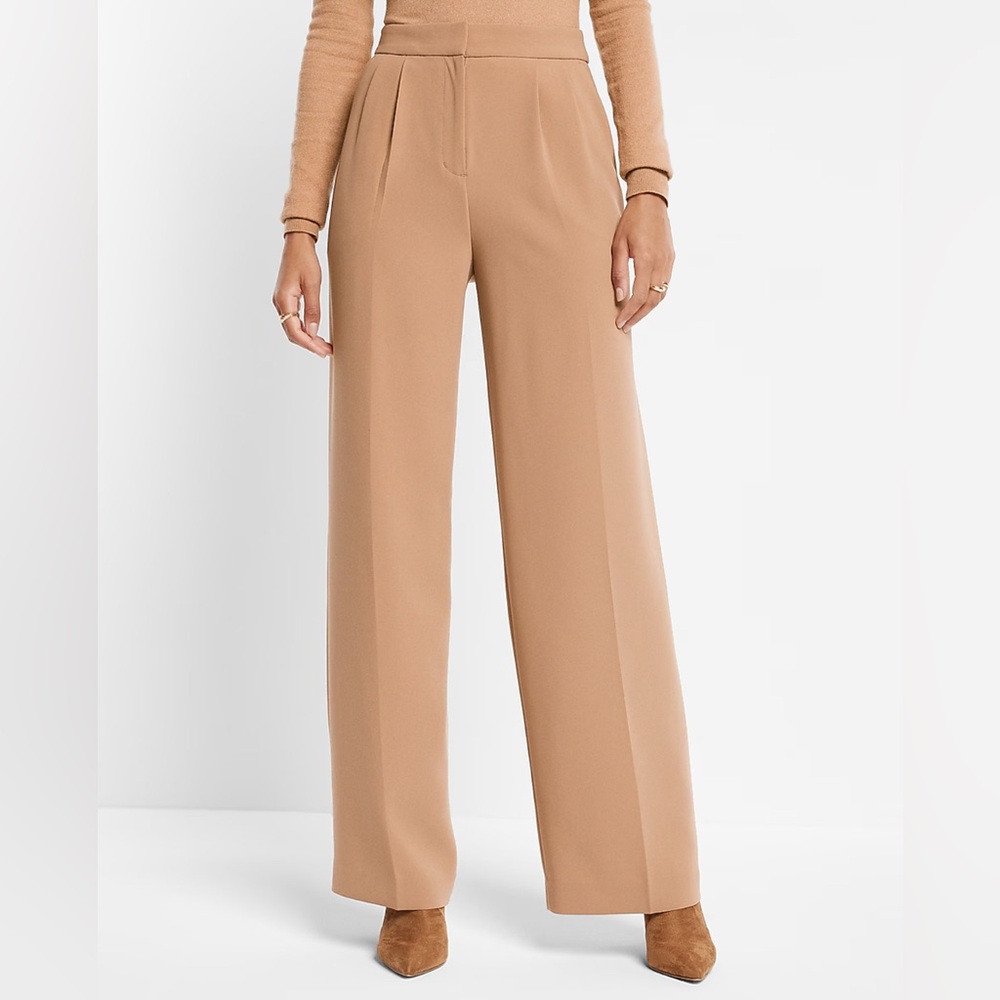 Super High Waisted Beige Open Pleated Wide Leg Trouser Pant